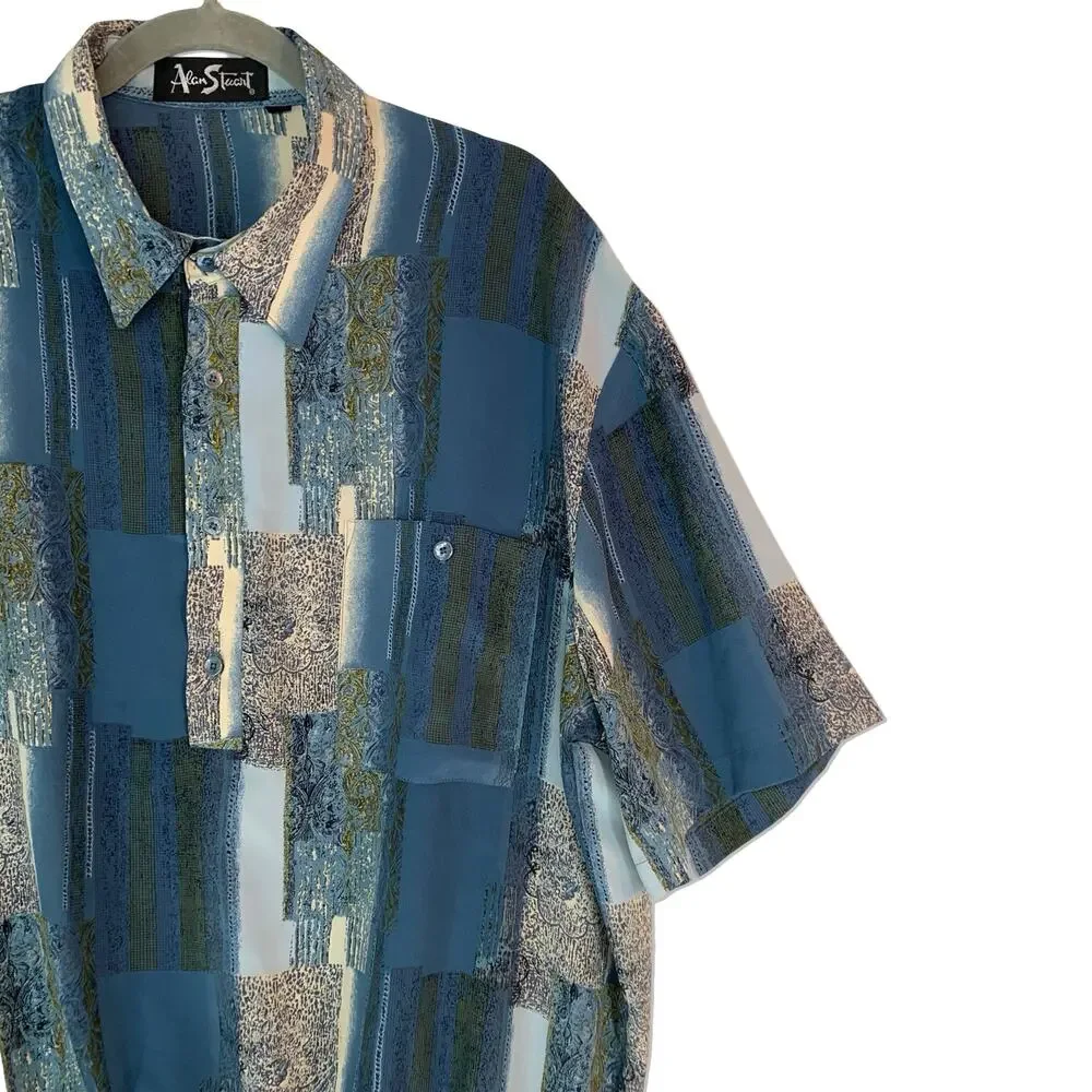 Alan Stuart Polo Shirt Men XL Blue Multicolor Abstract Geometric Retro Vintage - Picture 2 of 11